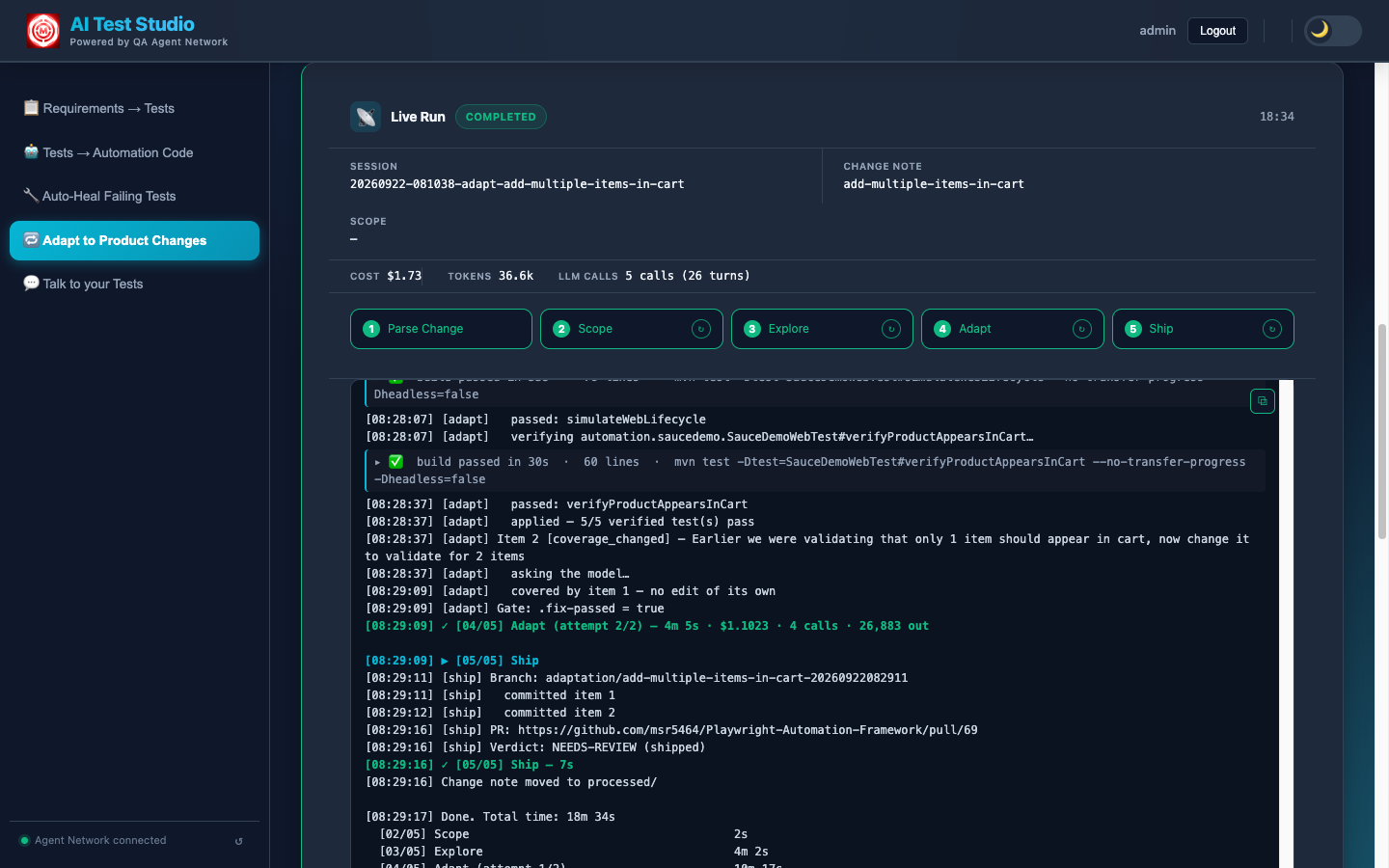An adaptation run in AI Test Studio