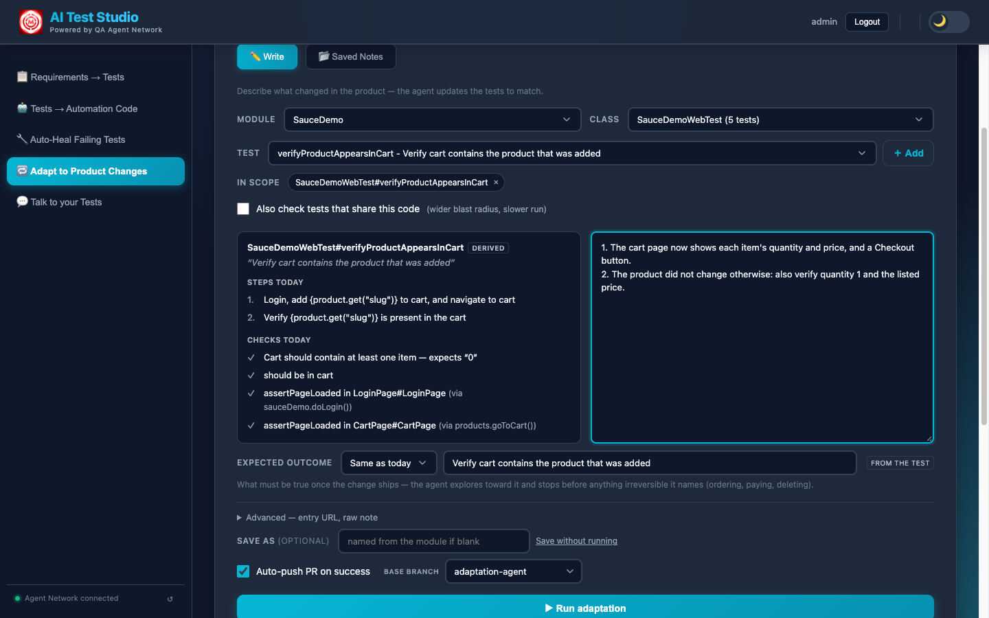 Adapt to Product Changes page in AI Test Studio