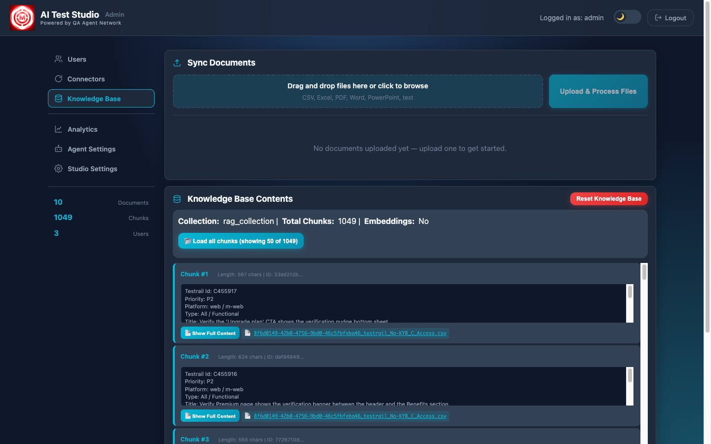 Admin dashboard showing ChromaDB stats