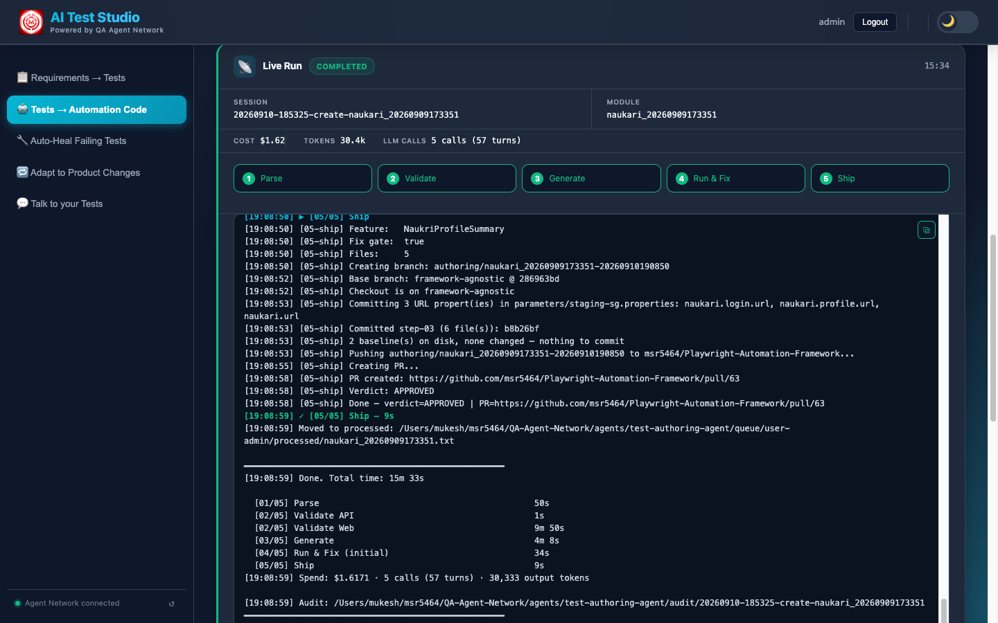 Agent pipeline streaming output