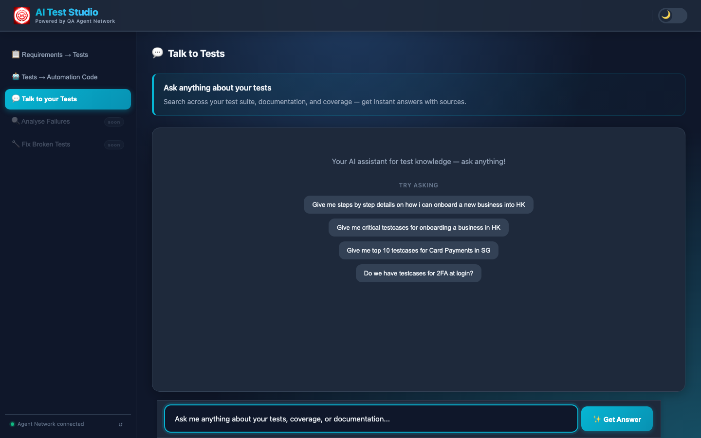 Talk to Tests chat interface with starter questions