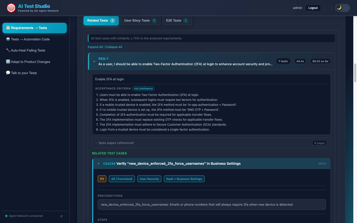 Existing TestRail tests surfaced for the requirements