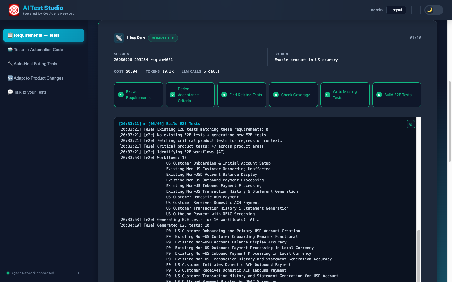 A Requirements → Tests live run in AI Test Studio