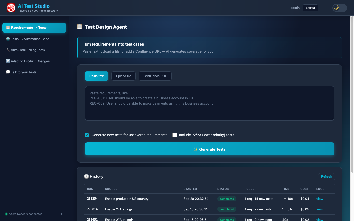 The Requirements → Tests page in AI Test Studio