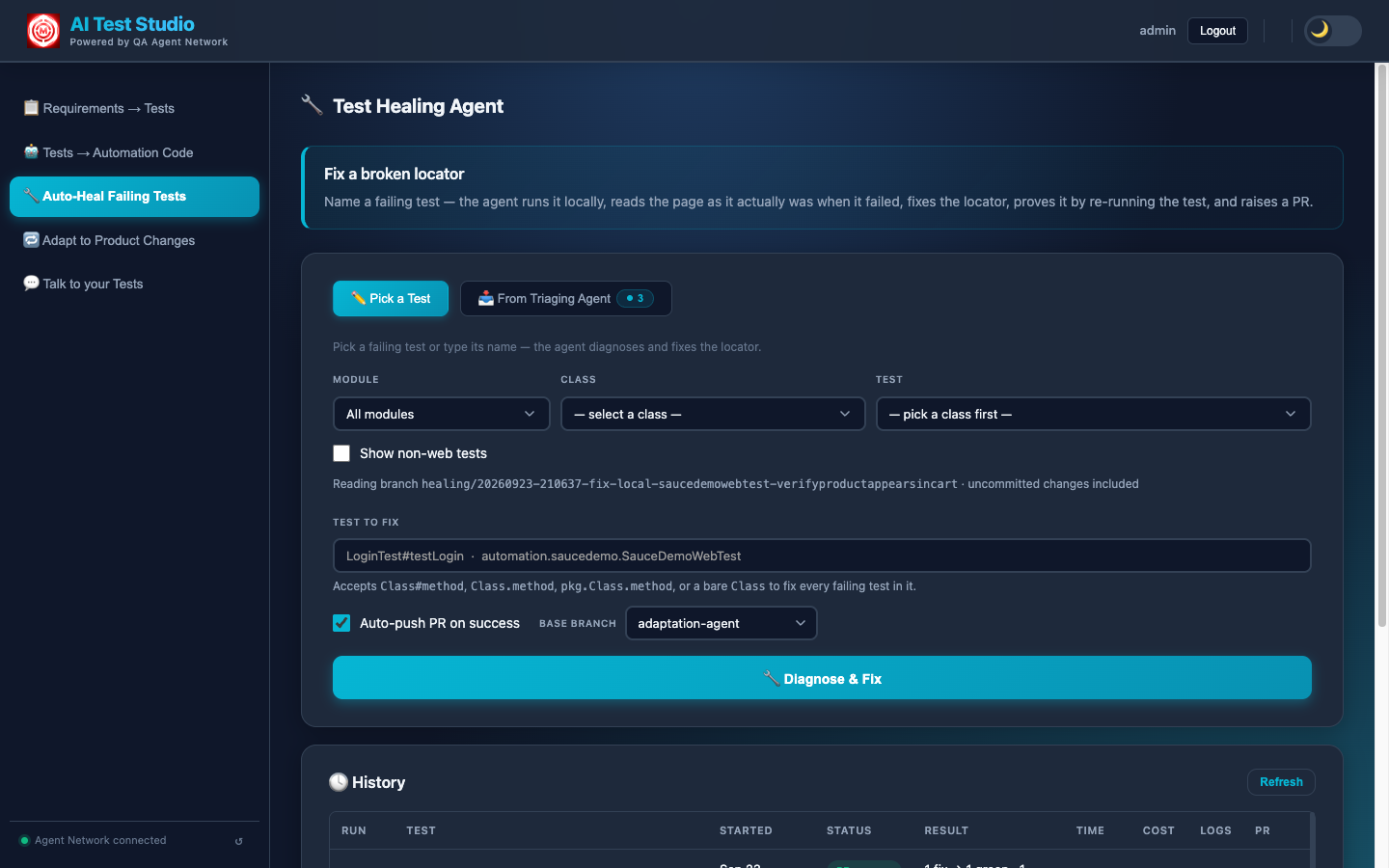Auto-Heal Failing Tests page in AI Test Studio