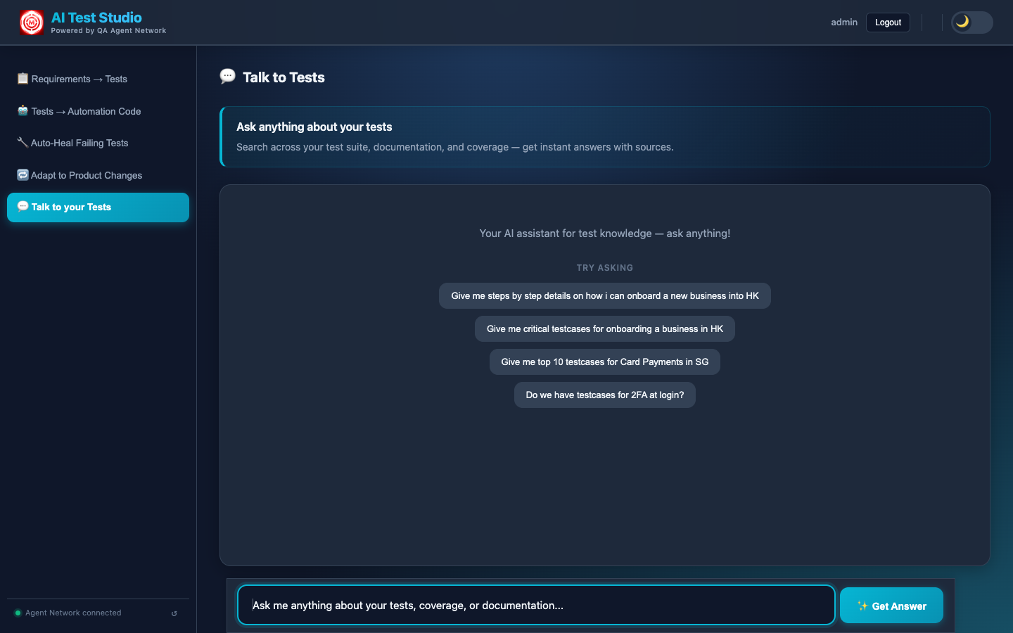 Talk to Tests chat interface with starter questions