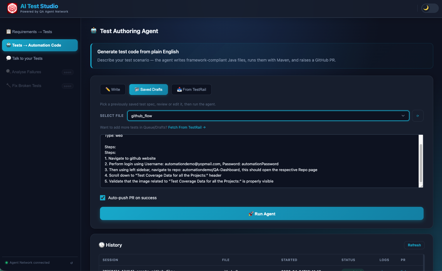 Full Test Authoring Agent view with live console