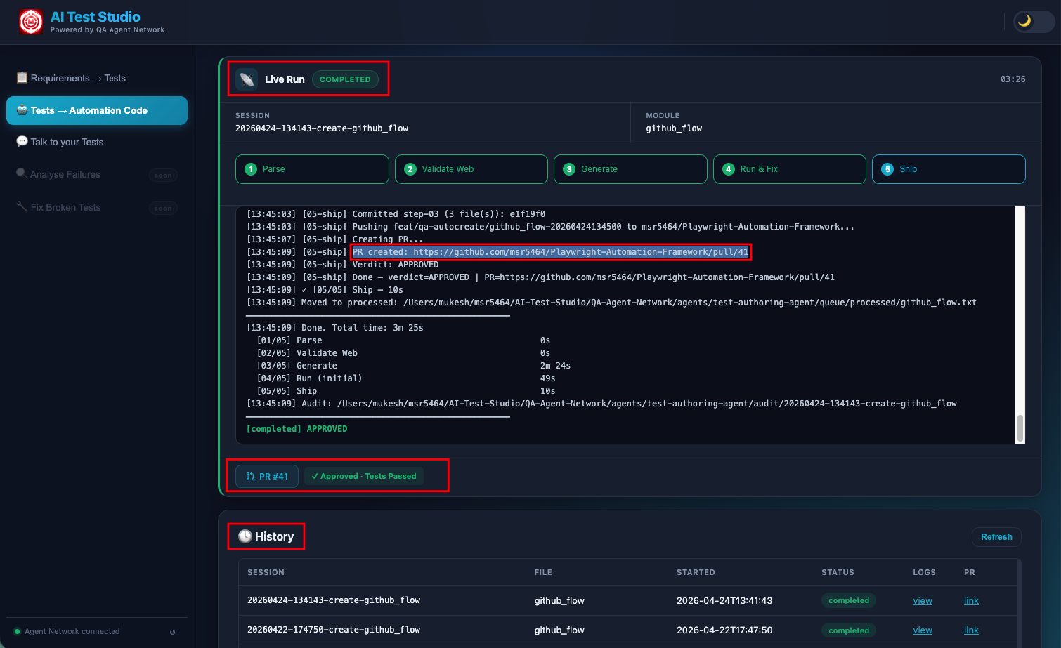 Generated test files and GitHub PR