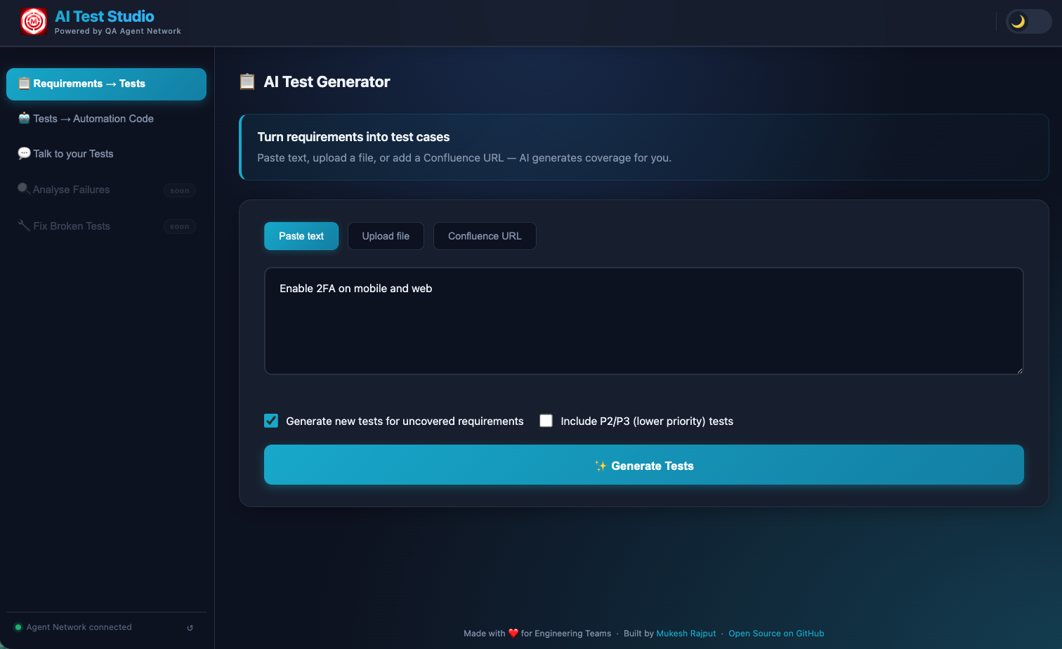 Requirements pasted into the generator