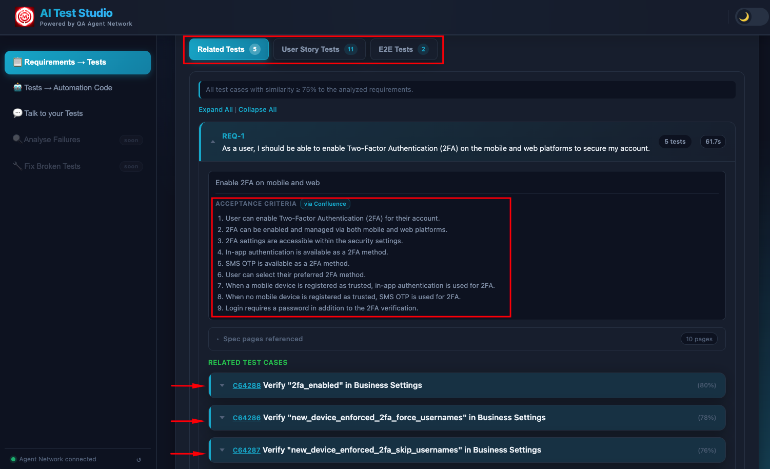Existing TestRail tests surfaced for the requirements